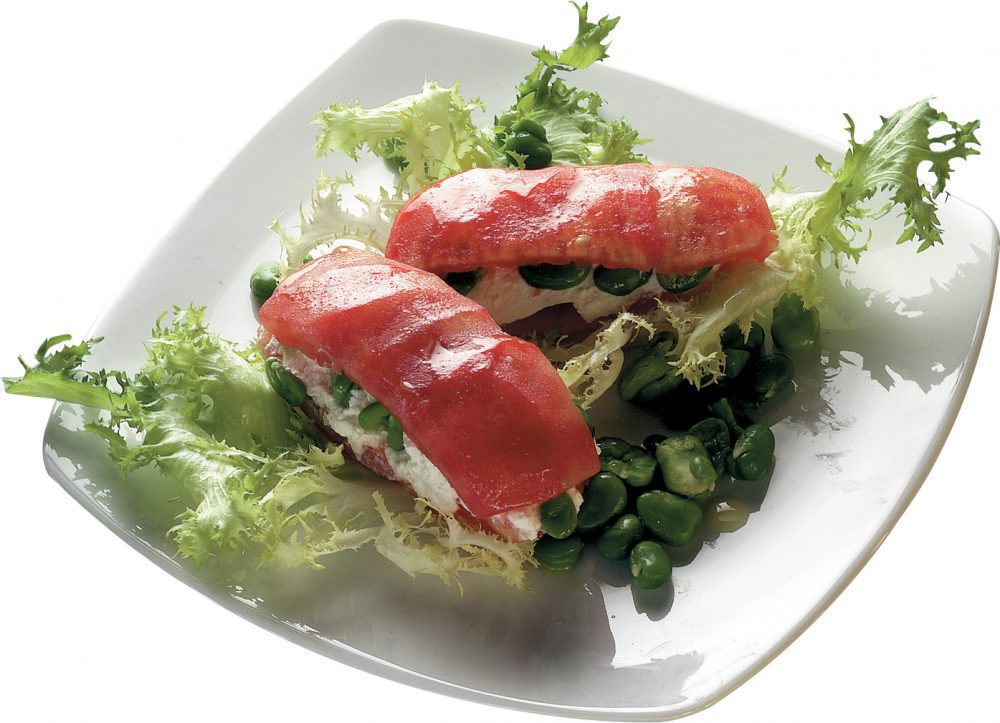 Pomodori in millefoglie alle fave