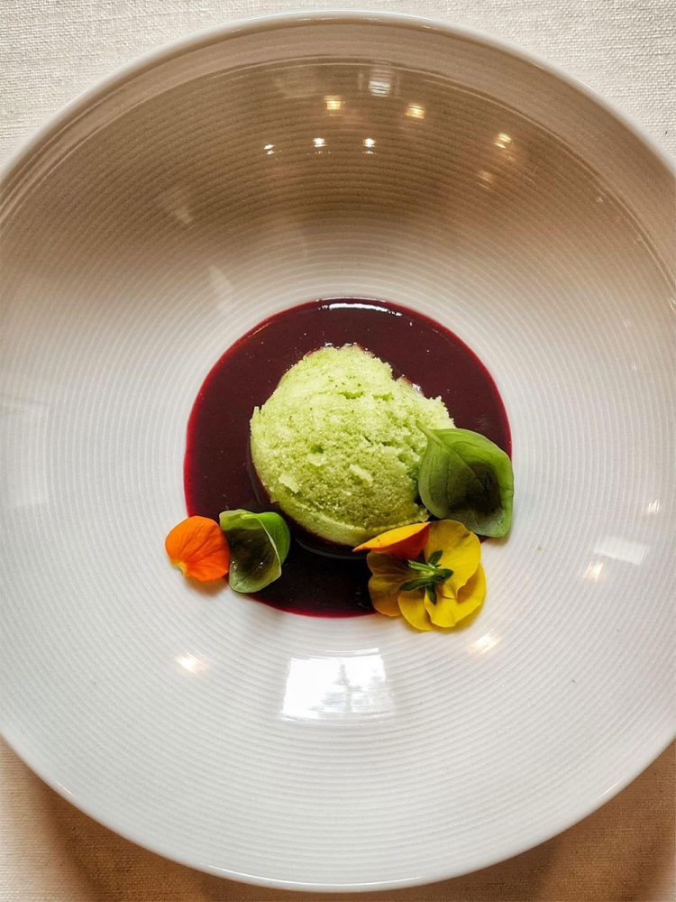 Granita di basilico con purea di frutti rossi di chef Ugo Alciati