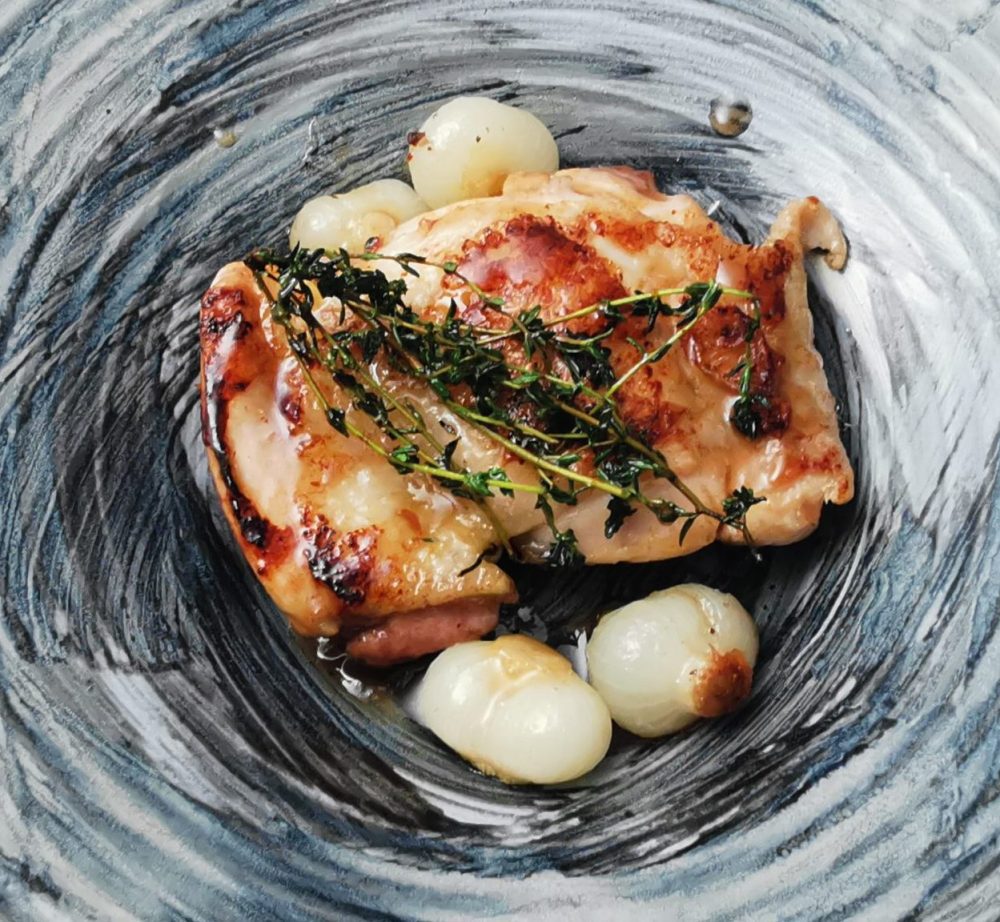 Pollo in agrodolce, sciroppo d'acero e aceto di lamponi