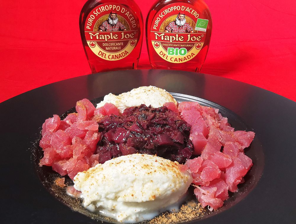 Tartare di tonno, radicchio brasato allo sciroppo d'acero, bufala e bottarga