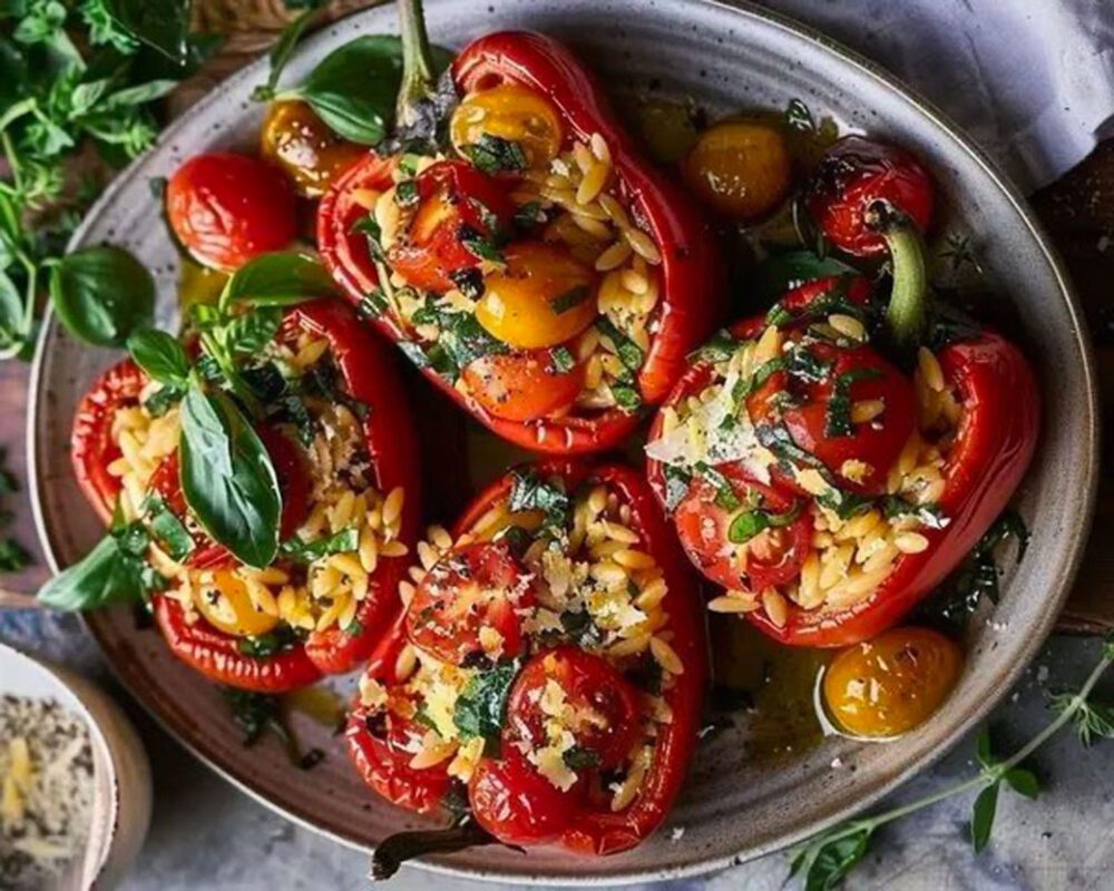 Peperoni ripieni con riso, pomodorini ed erbe aromatiche