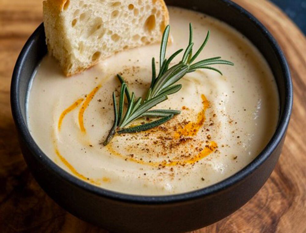 Crema calda di baccalà mantecato, olio al rosmarino e pane tostato