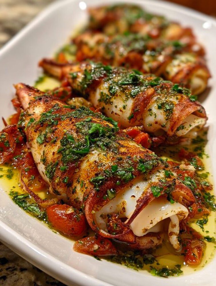 Calamari ripieni al forno con pomodorini ed erbe aromatiche