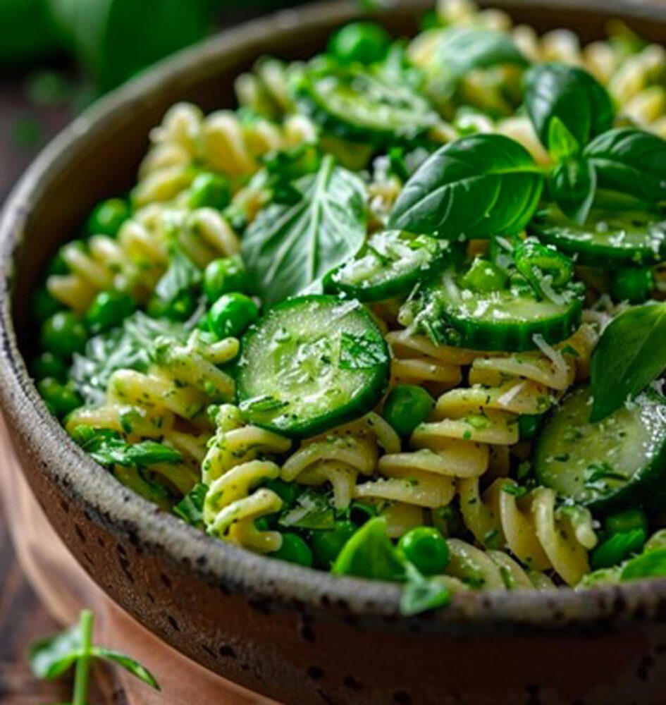 Fusilli freddi con zucchine, piselli, basilico e parmigiano reggiano
