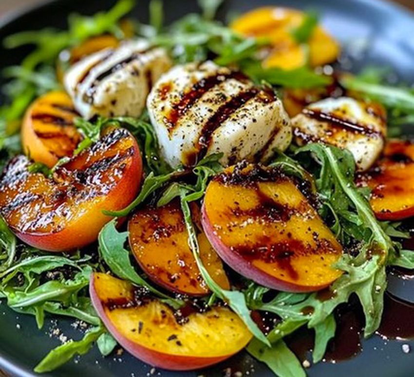 Insalata di pesche grigliate, burrata, rucola e balsamico