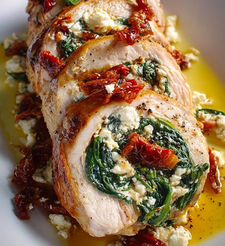 Rotolo di pollo con spinaci, feta e pomodori secchi