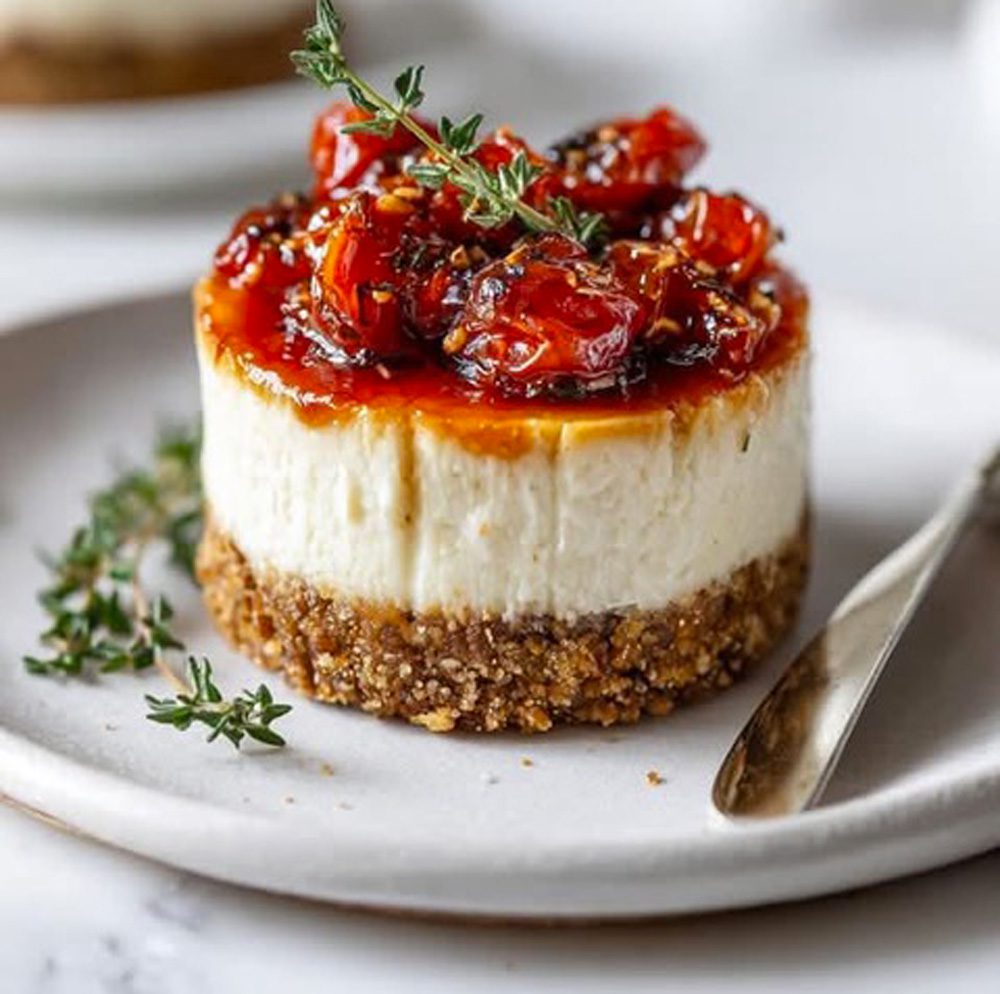 Mini cheesecake salata con pomodorini confit e timo