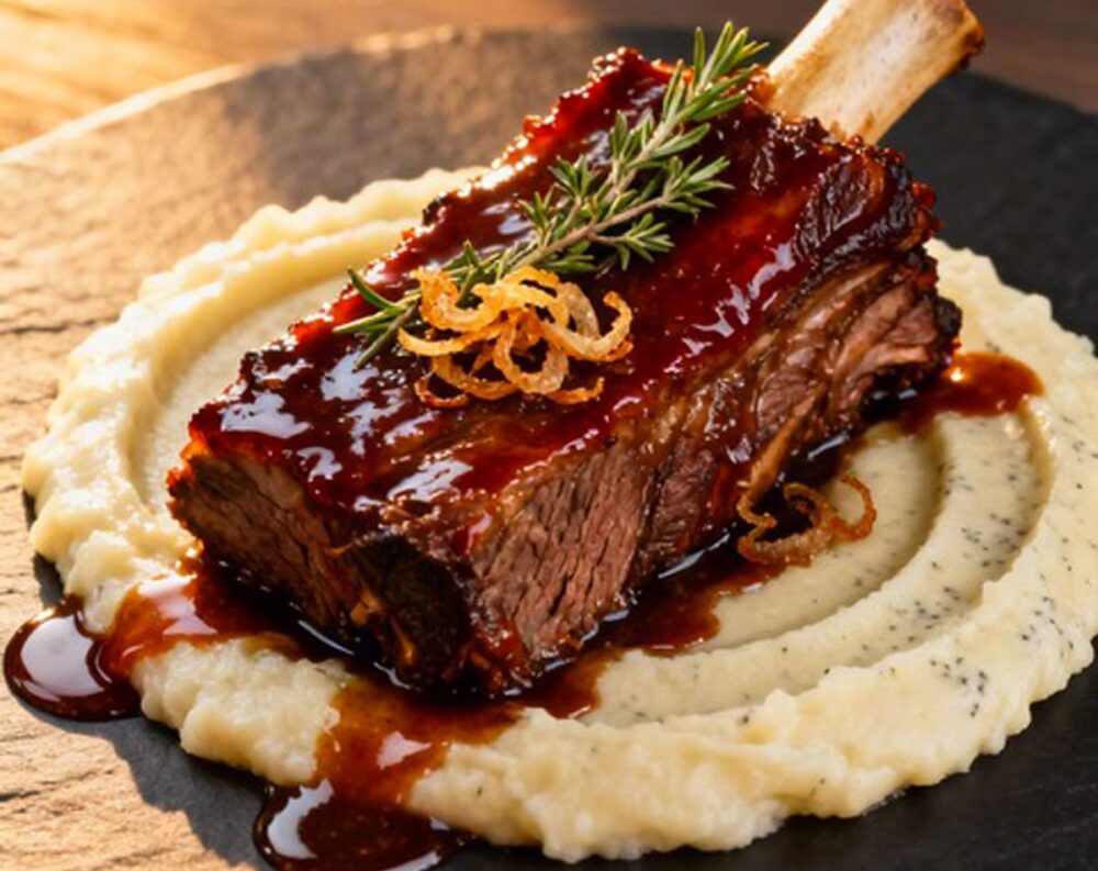 Costine di manzo glassate, purè cremoso e fondo bruno