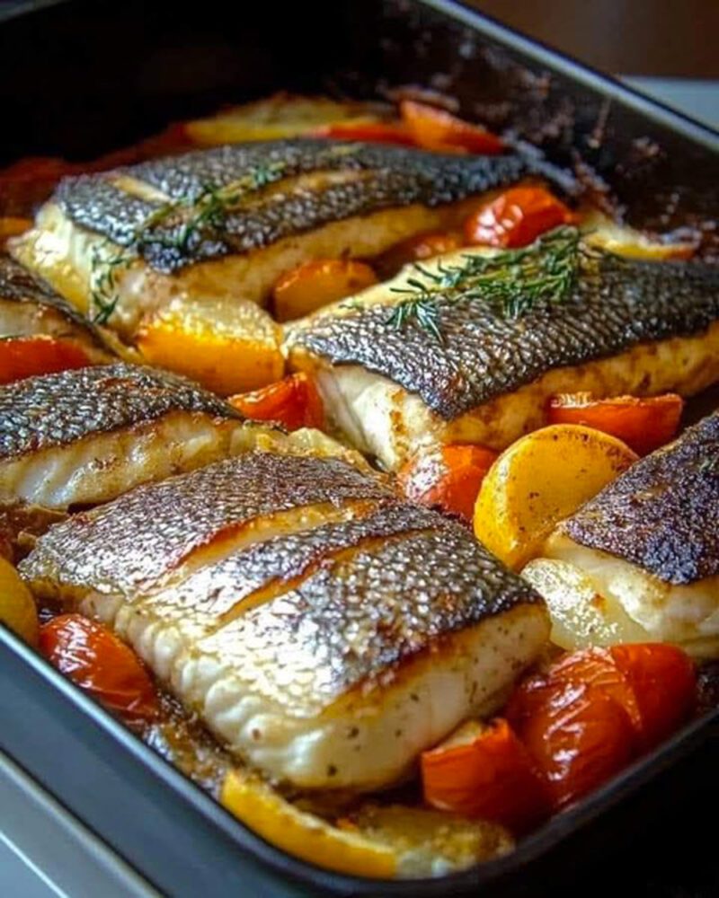 Filetti di branzino al forno con pomodorini e limone